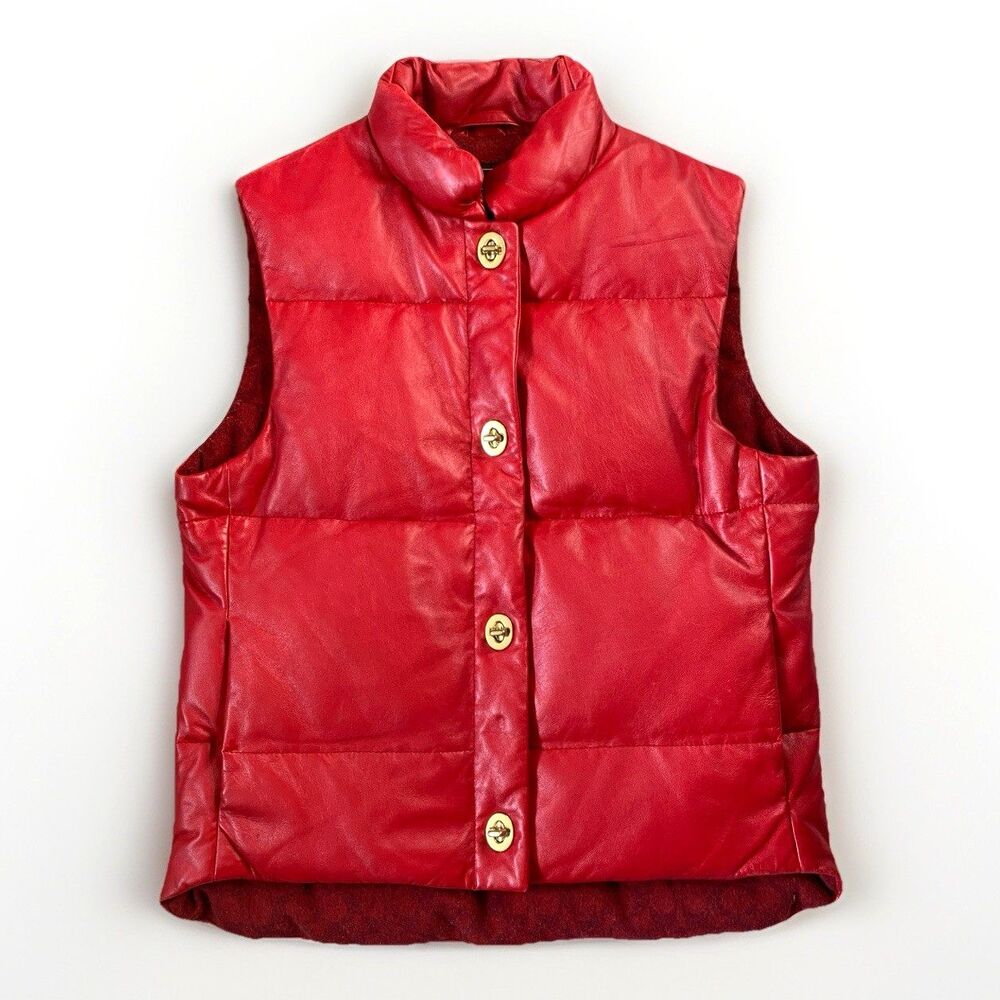 Coach Red Leather Down Puffy Vest w/ Turn lock Gold Hardware Womens Size XS